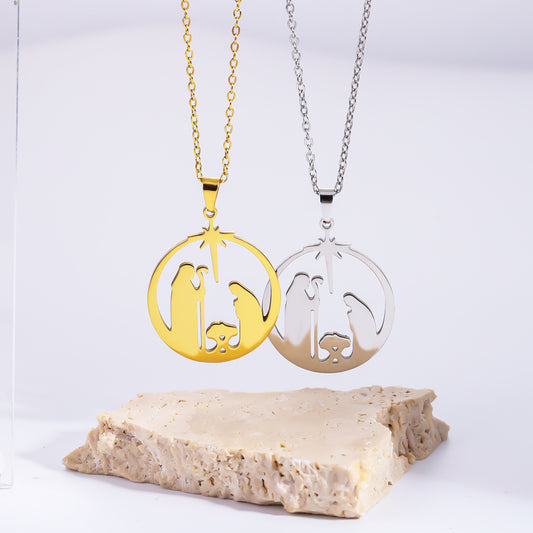 Stainless steel nativity scene pendant necklace in gold and silver finishes, minimalist religious jewelry for women.
