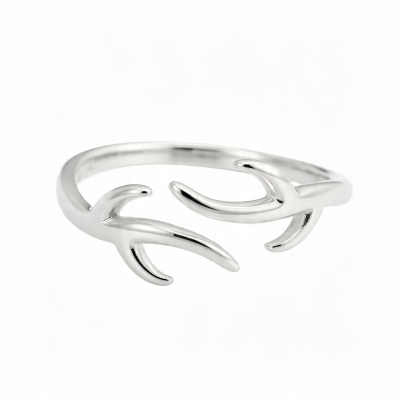 A polished sterling silver adjustable ring shaped like open antlers, centered on a pure white background with no shadows or reflections.