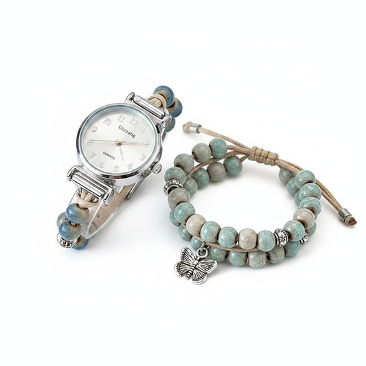 A bohemian-inspired jewelry set featuring a silver-toned watch integrated into a beaded cord strap, paired with a matching double-layer turquoise-style beaded bracelet and a detailed butterfly charm.