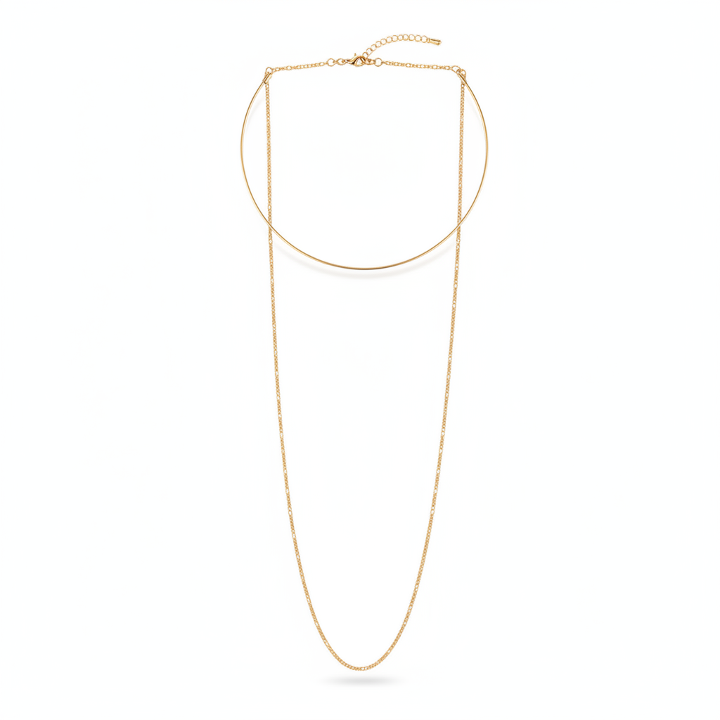 A structural and versatile 18k gold-dipped Y-necklace featuring a sleek choker-style collar and a long, delicate drop chain, crafted from tarnish-resistant titanium steel for a modern luxury aesthetic.