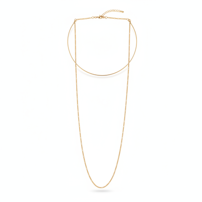 A structural and versatile 18k gold-dipped Y-necklace featuring a sleek choker-style collar and a long, delicate drop chain, crafted from tarnish-resistant titanium steel for a modern luxury aesthetic.