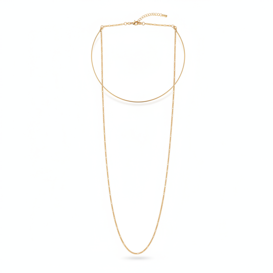 A structural and versatile 18k gold-dipped Y-necklace featuring a sleek choker-style collar and a long, delicate drop chain, crafted from tarnish-resistant titanium steel for a modern luxury aesthetic.