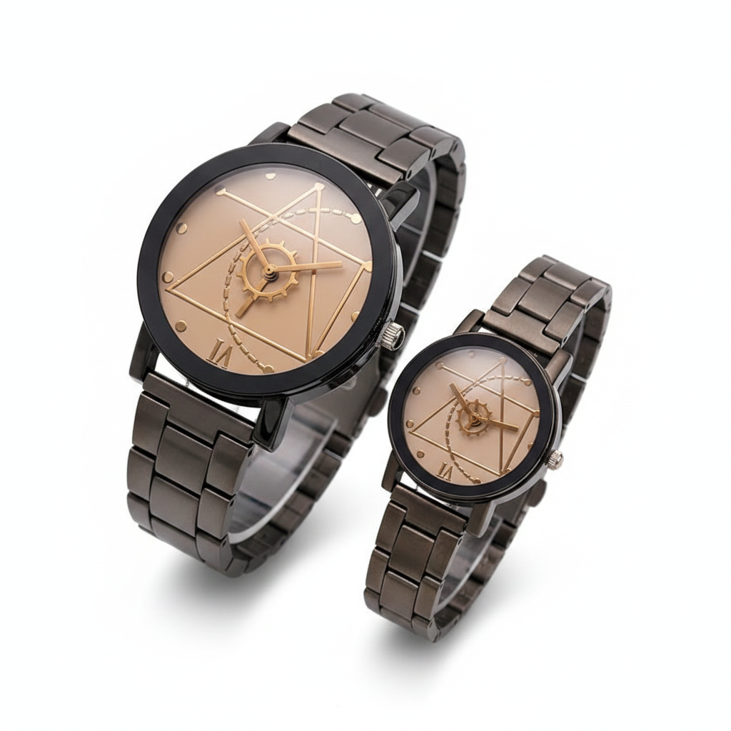 A striking pair of gunmetal-toned watches featuring rose gold geometric dials with alchemy-inspired line art and a unique gear-shaped central hand, presented in a clean, high-end editorial style.