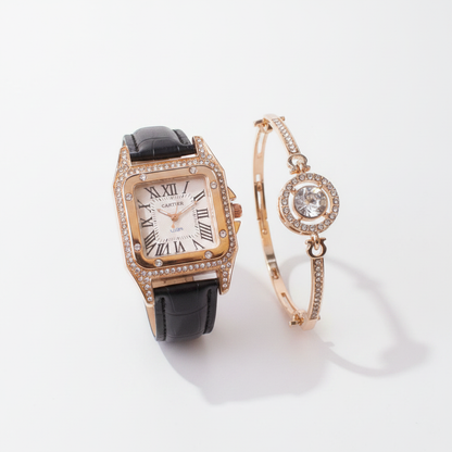 A sophisticated pairing of a rose gold-toned square watch with a crystal-embellished bezel and black leather strap, alongside a matching pavé-set halo bangle, reflecting a premium editorial aesthetic.