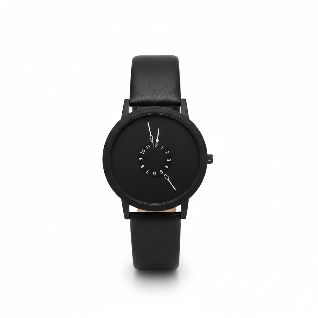 A sleek, all-black minimalist watch featuring a unique central numerical dial and a smooth matte finish, paired with a premium black leather strap for a sophisticated "Art Gallery" editorial aesthetic.