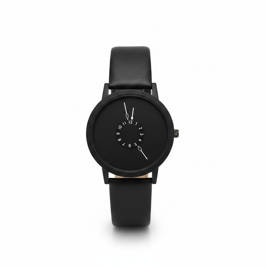 A sleek, all-black minimalist watch featuring a unique central numerical dial and a smooth matte finish, paired with a premium black leather strap for a sophisticated "Art Gallery" editorial aesthetic.
