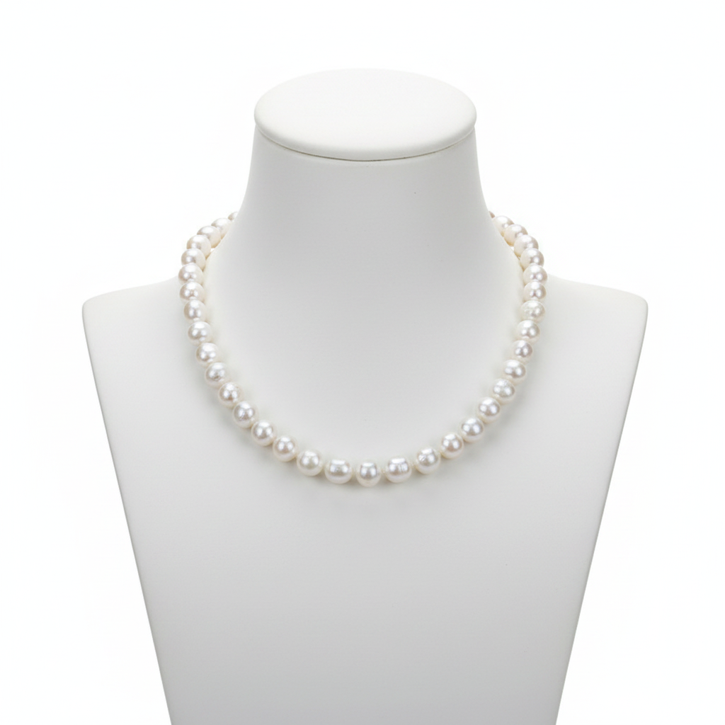 A classic strand of high-lustre, uniform white pearls displayed on a minimalist white bust, representing a foundational piece for a refined jewelry collection with a clean, editorial aesthetic.
