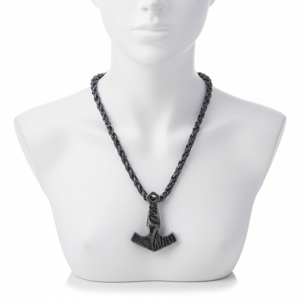 An antique silver-finished Mjolnir pendant on a thick braided wheat chain displayed on a white minimalist mannequin bust.