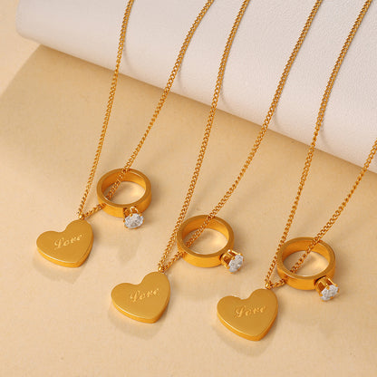The Promise Duo – Engraved Heart and Crystal Solitaire Ring Charm Necklace