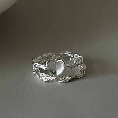 Minimalist Love Heart Open Ring | Romantic Braided Silver Ring | Ins Style Jewelry