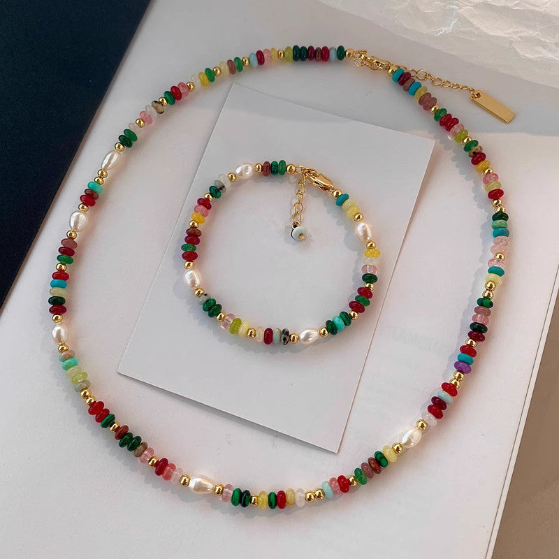 Colorful Dopamine Beaded Necklace  and Natural Stone Pearl Bracelet