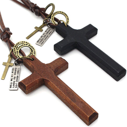 Natural Wood Cross 90s Cord Necklace with leather rope