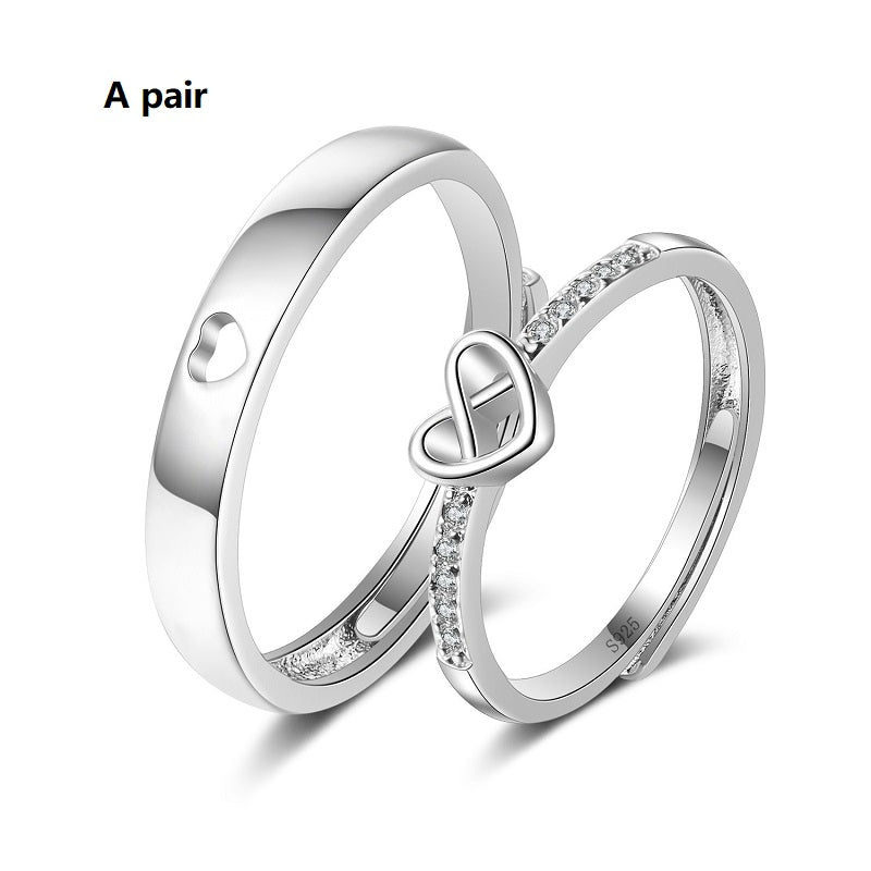 Matching Heart Couple Rings | Adjustable Platinum Tone Set