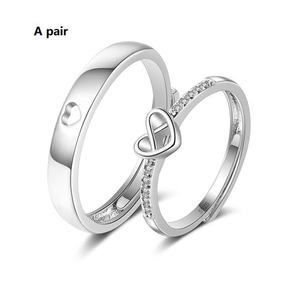 Matching Heart Couple Rings | Adjustable Platinum Tone Set