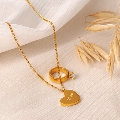 The Promise Duo – Engraved Heart and Crystal Solitaire Ring Charm Necklace