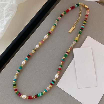 Colorful Dopamine Beaded Necklace  and Natural Stone Pearl Bracelet