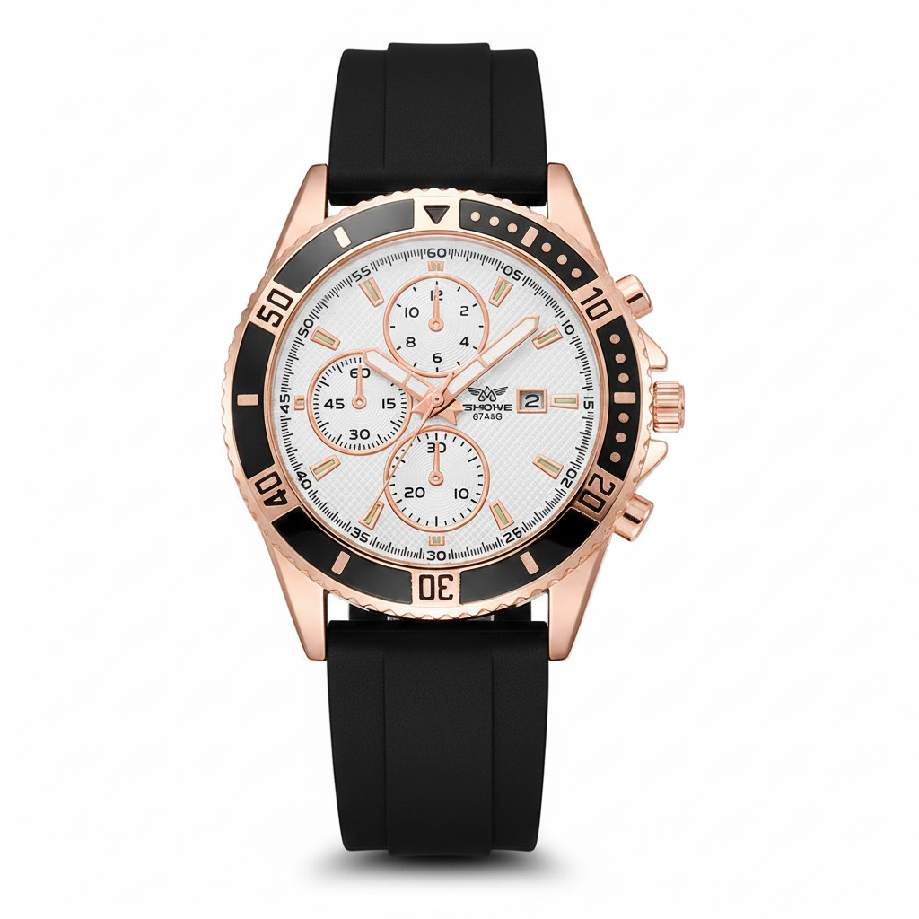 Luxury rose gold chronograph watch with white textured dial and black silicone strap